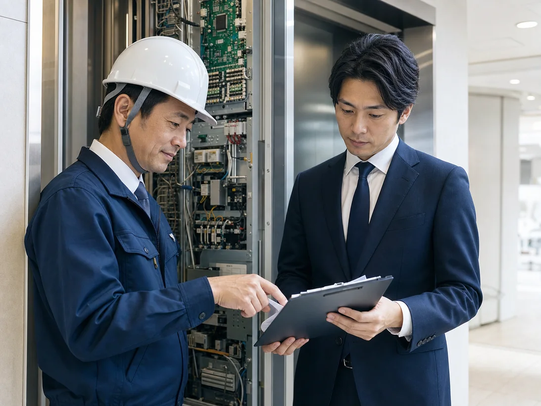 エレベーター設備の現場で技術承継を確認する様子