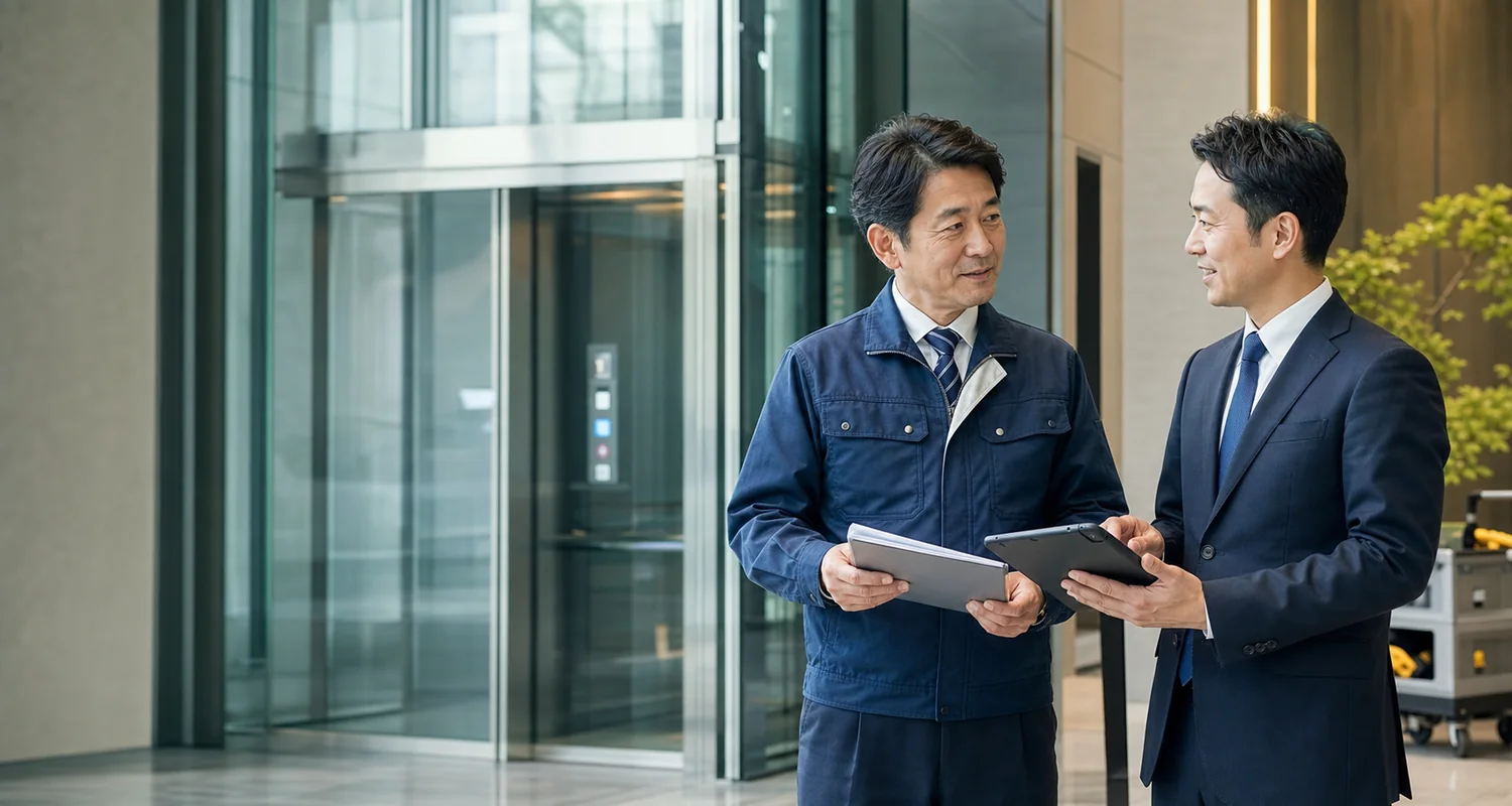 エレベーター会社の経営者とM&Aアドバイザーが事業承継を相談する様子