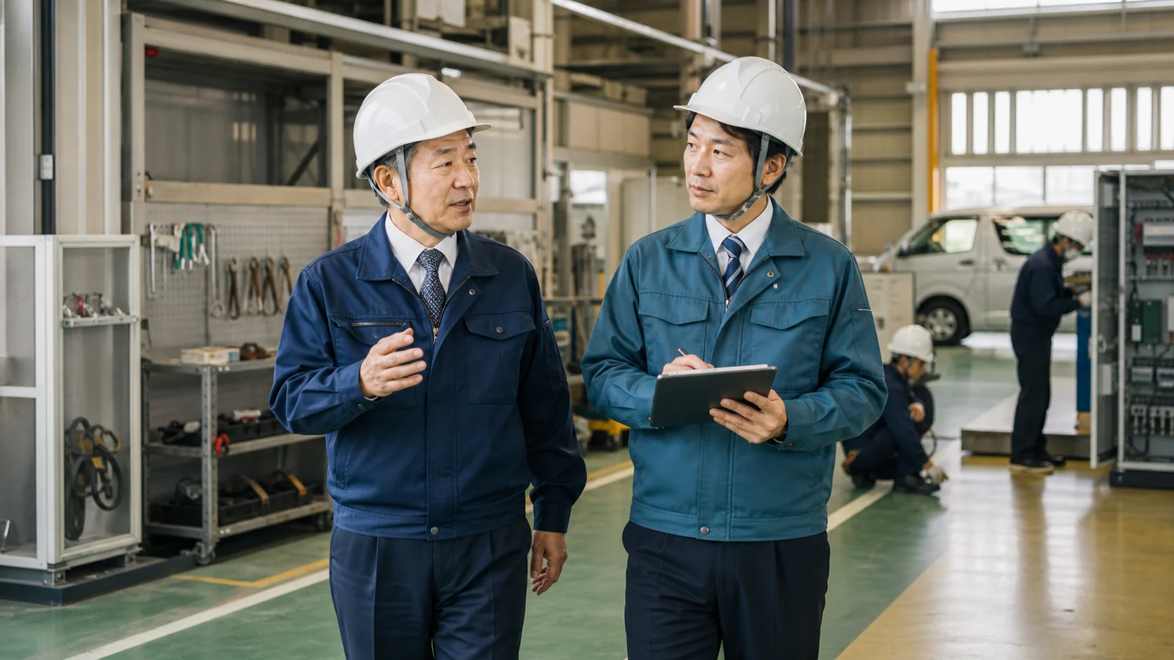 エレベーター保守会社の経営者とM&A担当者が現場を確認しながら事業承継について話し合うイメージ