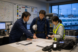 エレベーター保守会社M&Aの緊急出動Day1体制を確認する技術者と監視担当者