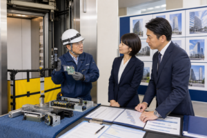 戸開走行保護装置と防災改修案件を確認するエレベーターリニューアル会社の技術者