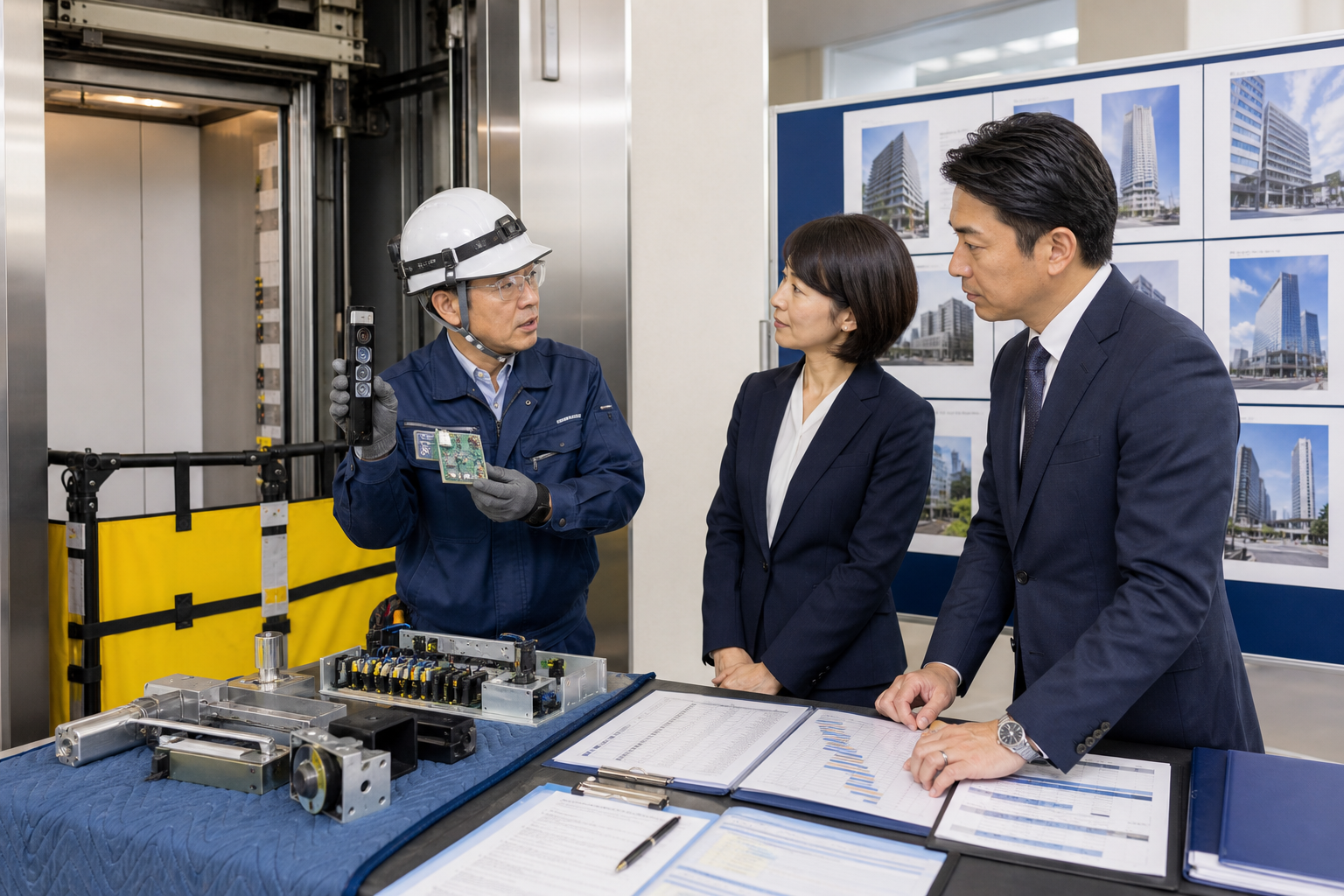 戸開走行保護装置と防災改修案件を確認するエレベーターリニューアル会社の技術者