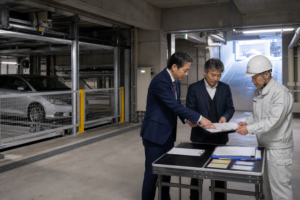 JESHDによるEVOTECH子会社化と立体駐車装置保守の引継ぎを表す編集写真
