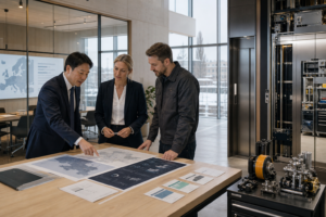 三菱電機によるスウェーデンMotum全株式取得と北欧昇降機保守統合を表す編集写真